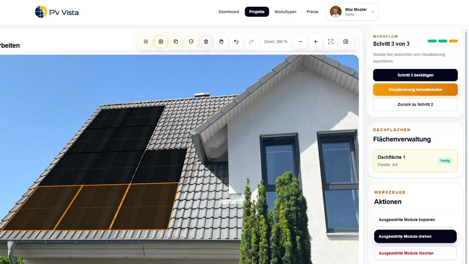 Dachfläche markieren und Module in PV Vista platzieren